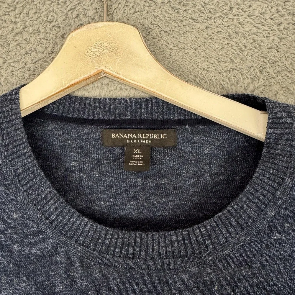 Banana Republic Sweater Mens XL Blue Silk Linen Stripe Crewneck Knit Lightweight